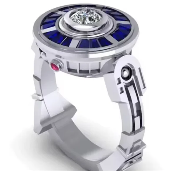925 Sterling Silver R2-D2 Shaped Ring With Center Diamond Stone - Picture 2 of 4